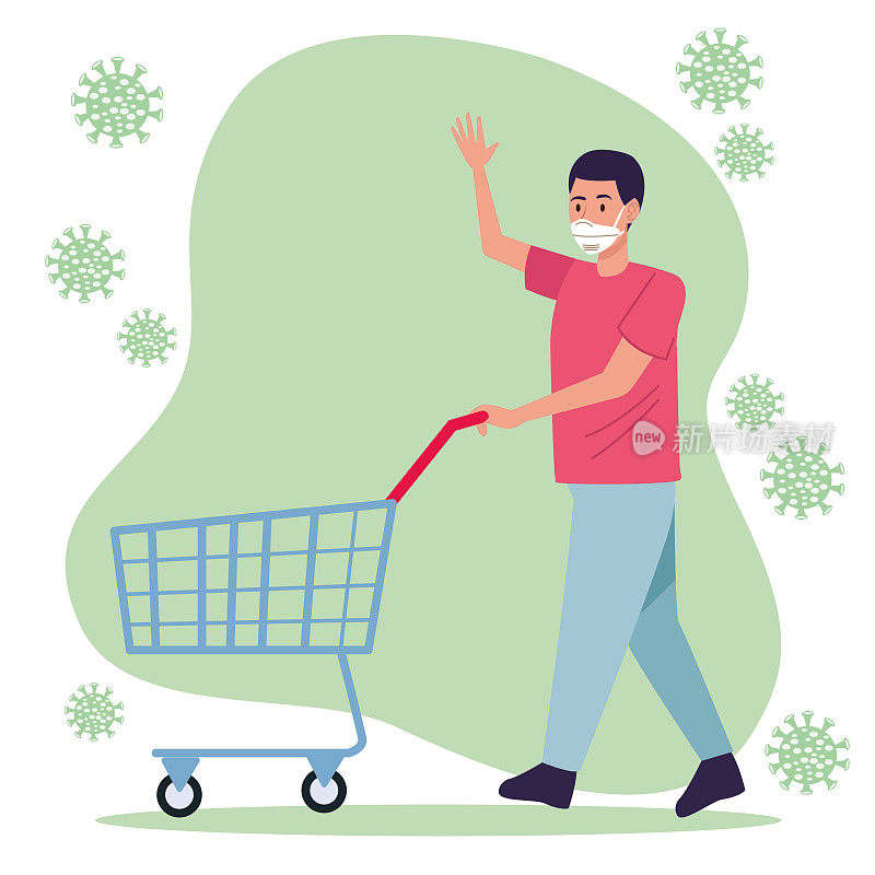 man wearing medical mask with shopping cart character